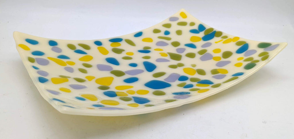 glass rectangular bowl with jewel like blue, green, yellow, and purple