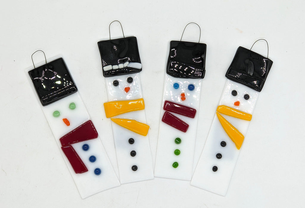 glass snowmen ornaments with scarves