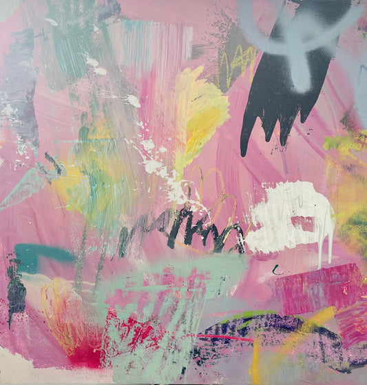 Abstract painting with pastel pink as the background. sections have washed of yellow, black, and white scribbles on top