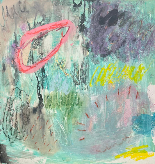 abstract painting with pastel teal background with drawing scribbles of reds, gray, green, and yellow