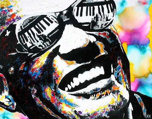 portrait of ray charles woth a reflection of his keyboard in his glasses