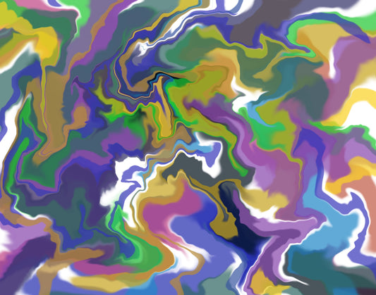 This is an abstract piece with swirled colors - purple, blue, white, yellow, green, black.