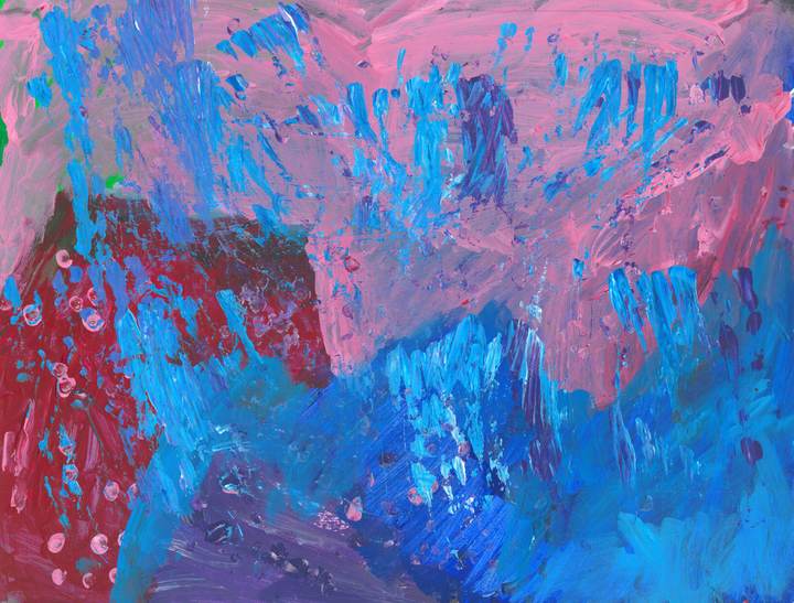 Short brush strokes of light blue against a background of pink, blue, purple, and red. Small dots of pink in the lower left corner