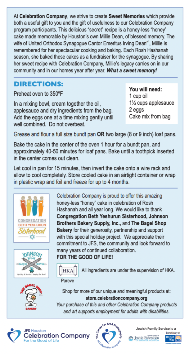 Back label with words from Celebration Company and baking directions and ingredients needed.