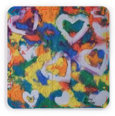 Four glossy ceramic cork backed coasters of white hearts against a brightly colored background