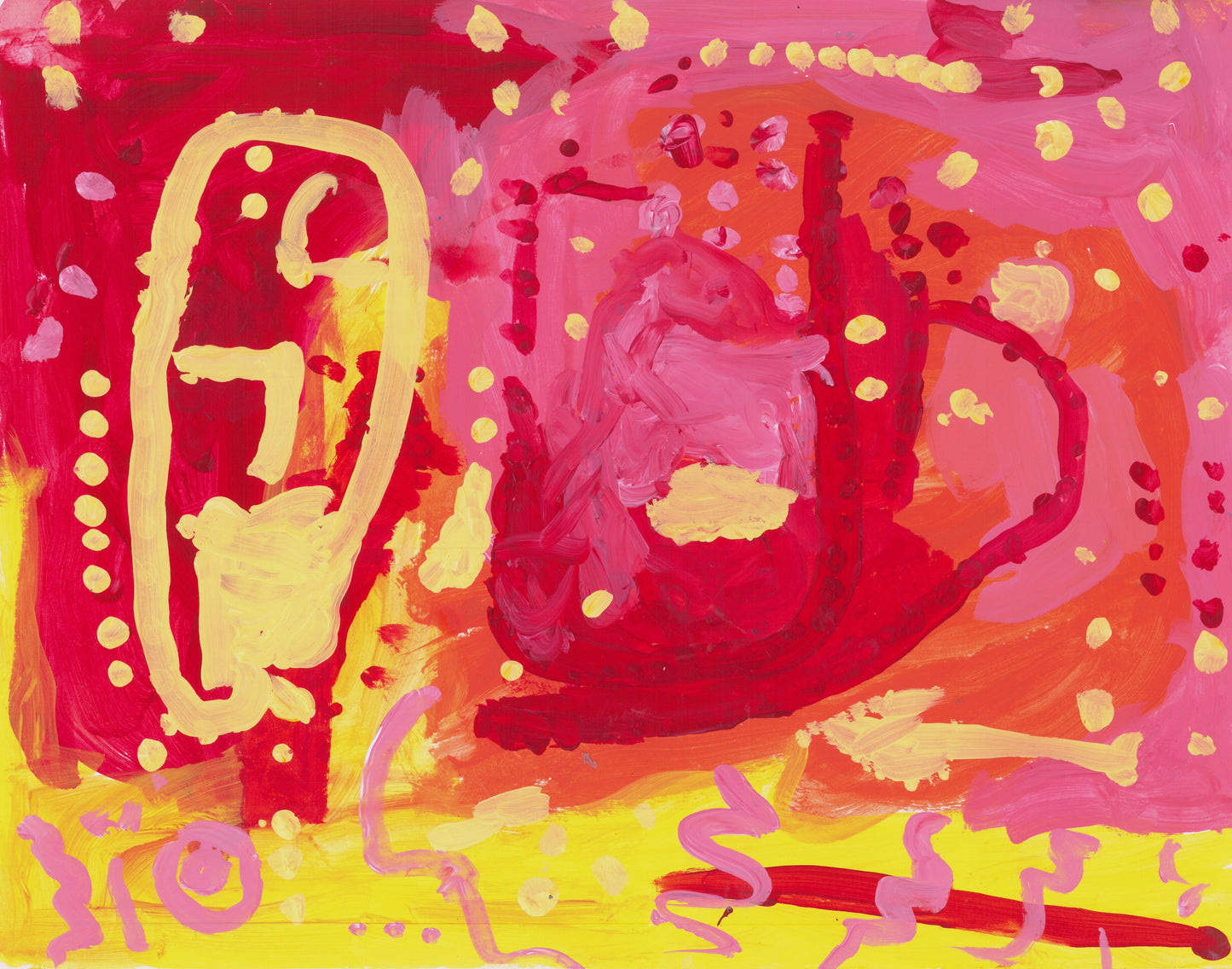 This is an abstract painting of a yellow face, with red, orange, pink and yellow quiggles and dots