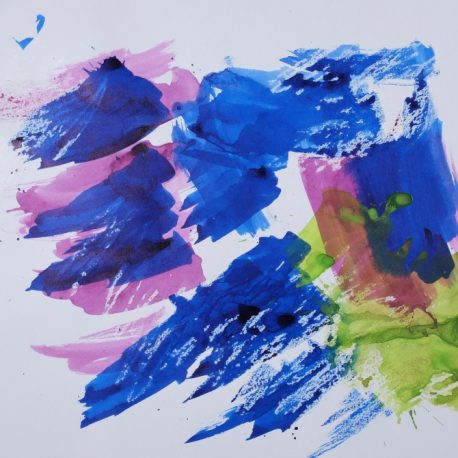 Ink and wax on paper artwork with white background and broad blue, pink and lime green paint strokes
