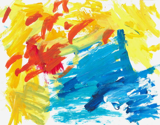 This is a abstract painting with paintstrokes in blue, red and yellow