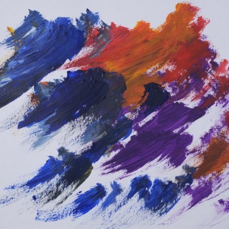 Acrylic on paper artwork with a white background with sparse, large strokes of blue, red, orange and purple