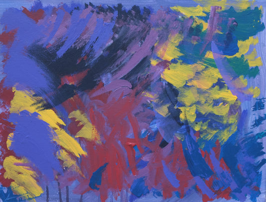 Short brush strokes of purple, red, yellow and blue overlapping and in all directions