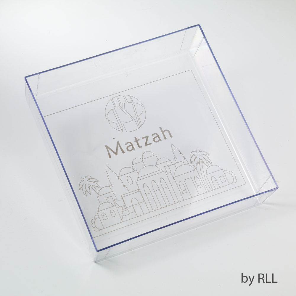 acrylic square open on top with picture of the Holy City and Matzah written inside