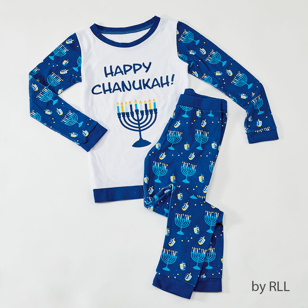 Pajama top and bottom- pajama top is white with blue sleeves and bottoms are blue. Chanukah themed with menorahs.
