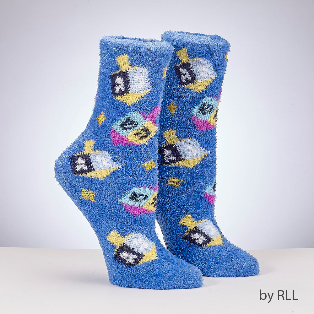 blue fuzzy socks with dreidel design