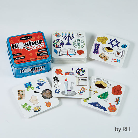 Game box tin and stacks of playing cards with Jewish symbol pictures on them