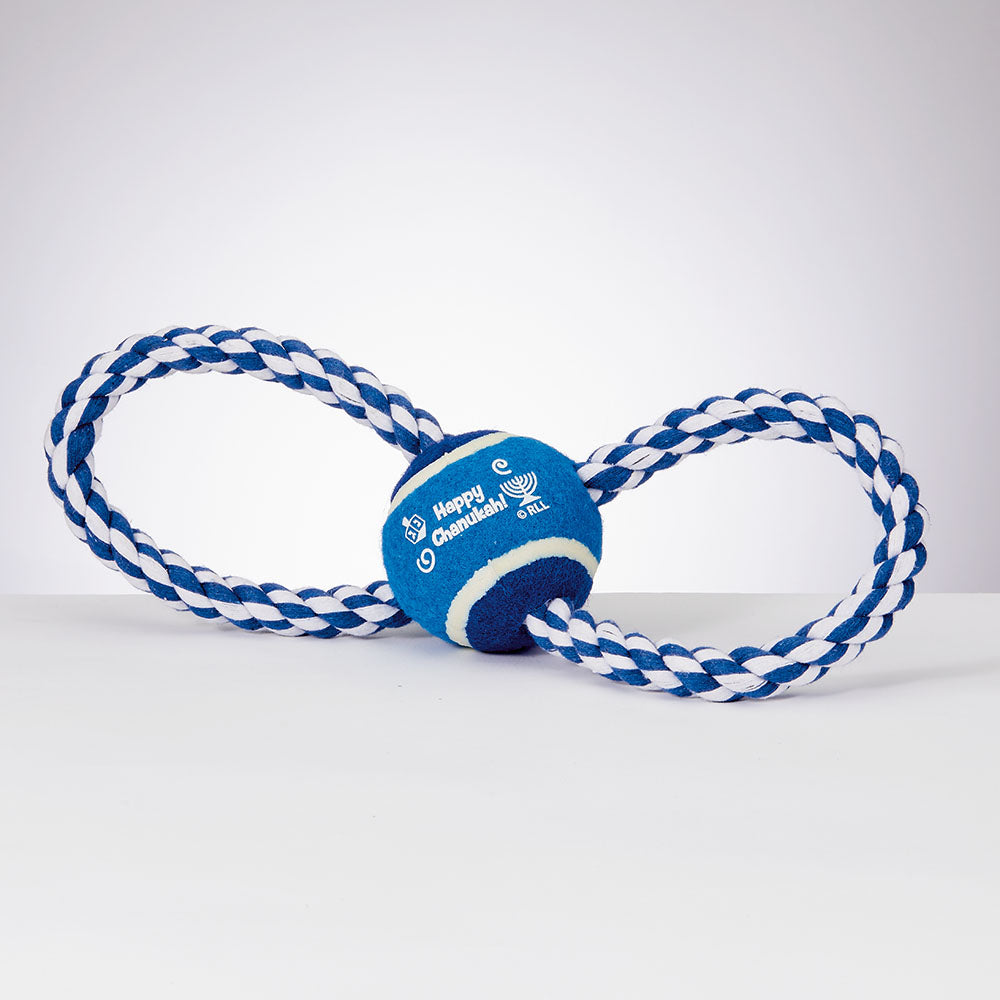 blue and white rope running through a blue tennis ball