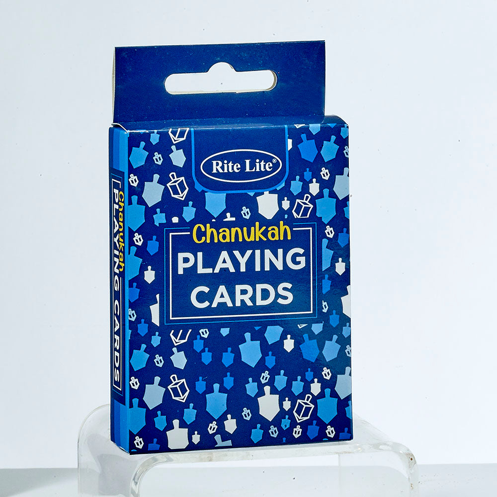 blue box of playing cards with dreidels on the outside