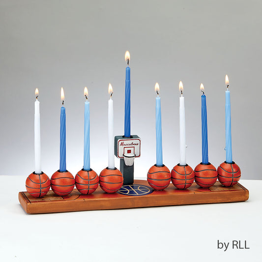 basketball menorah with blue and white candles lit