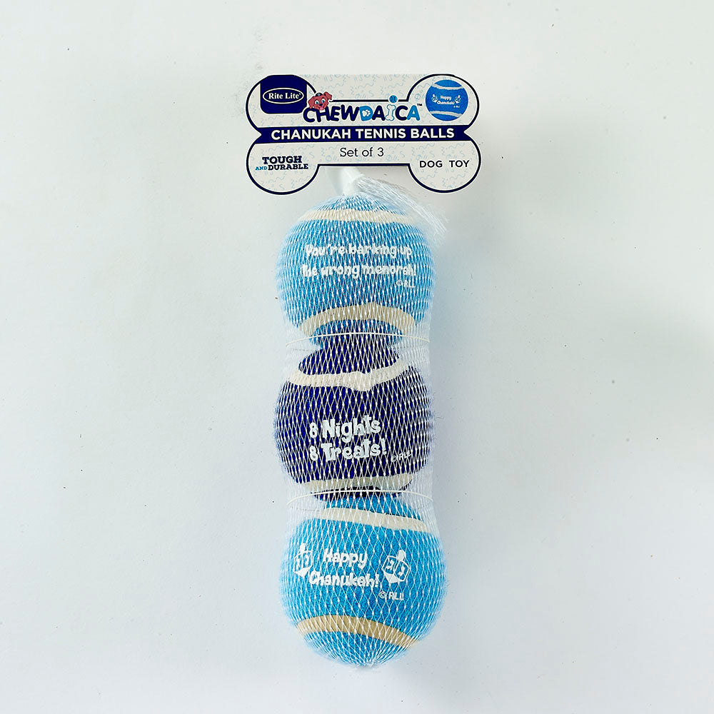 3 blue tennis balls packaged in a white netting