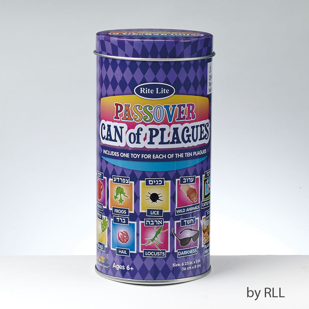 blue cylinder can with pictures of the Passover plagues