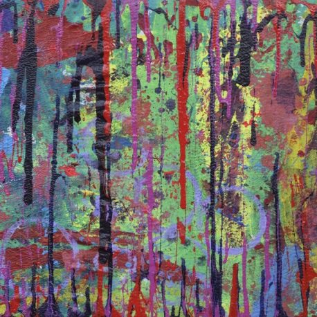 Acrylic on canvas artwork depicting dripping paint over various colors of purple, red, yellow, light green and light blue
