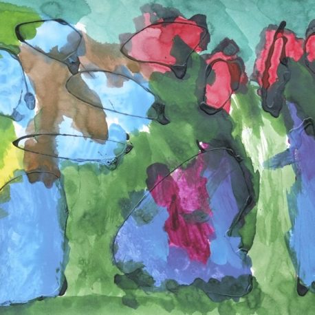Ink on paper artwork with blue and turquoise background with brown, red, and green circle overlay