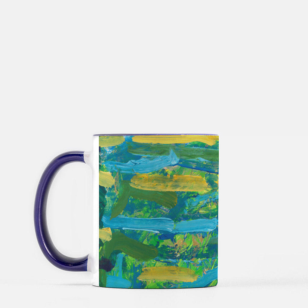 This is a mug with a painting of green, blue, and yellow horizontal lines in abstract form.