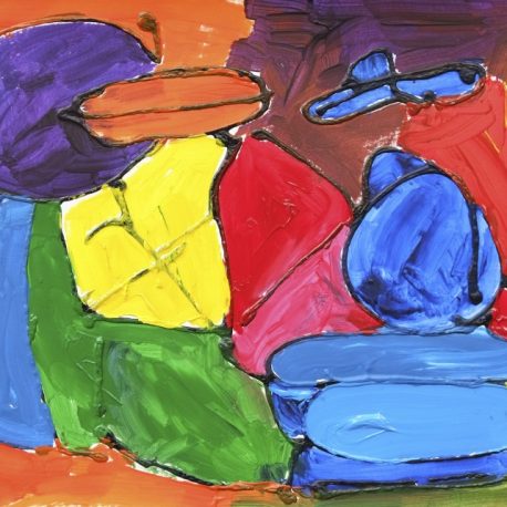 Acrylic on paper Abstract Artwork depicting various colored shapes in purple, orange, yellow, green, red and blue outlined in black