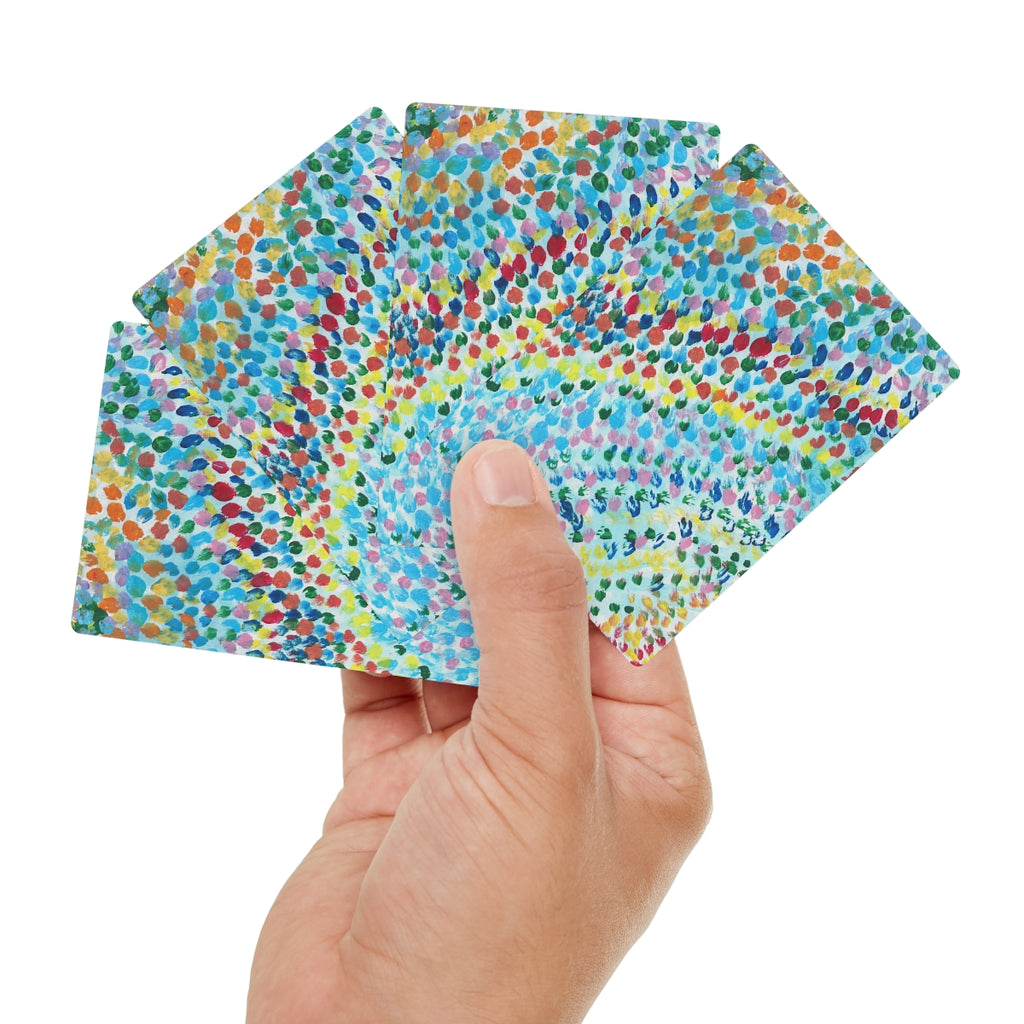 playing cards with This ia an abstract piece of art comprised of dots. Several different colors including blue, pink, red, orange, yellow and green.