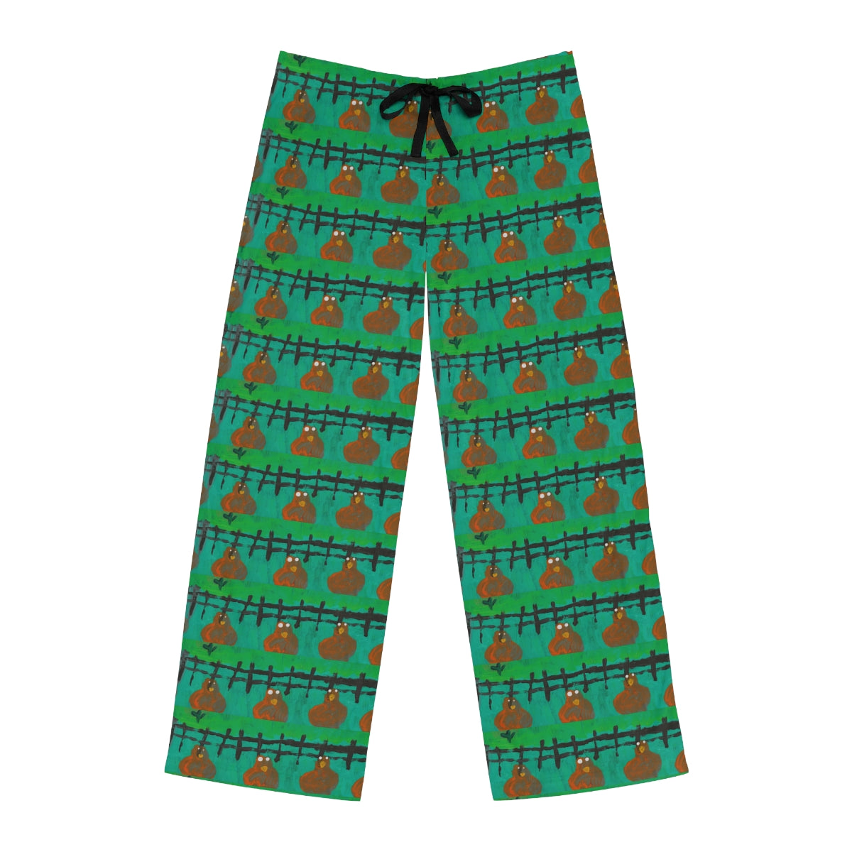 pants with painting of chickens repeated
