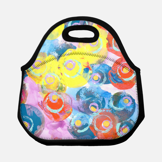 This is a lunch bag with the following painting on it: This is a multicolored abstract piece with dots and circles including: red, orange, blue, purple, yellow and pale pink.