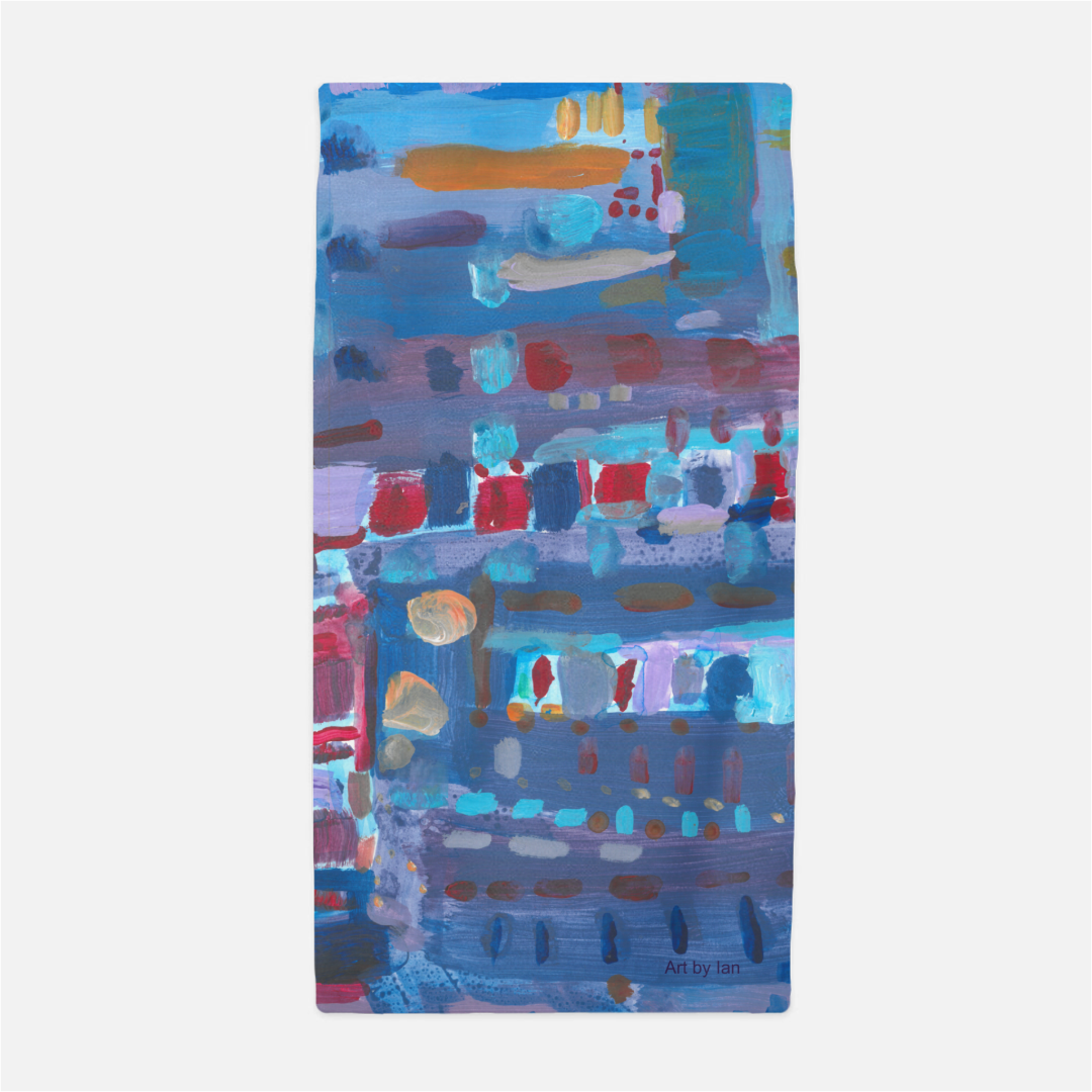 This is a beach towel with the following painting: This is a painting comprised of several different shades of blue lines in different directions. There are orange, red, and purple shades as well.