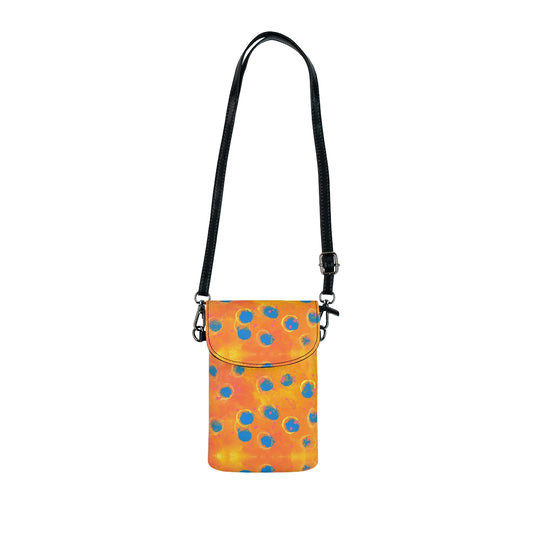 cellphone bag with abstract pattern of blue and orange
