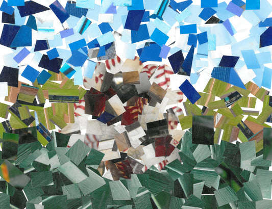 Collage made of square shaped cut photographs. In the center is a round object that is mostly white with hints of red lace. This ball is in the center of a field of two shades of green, lighter in the middle and darker near the bottom of the collage. The Sky is sparsely covered with different shades of blues.