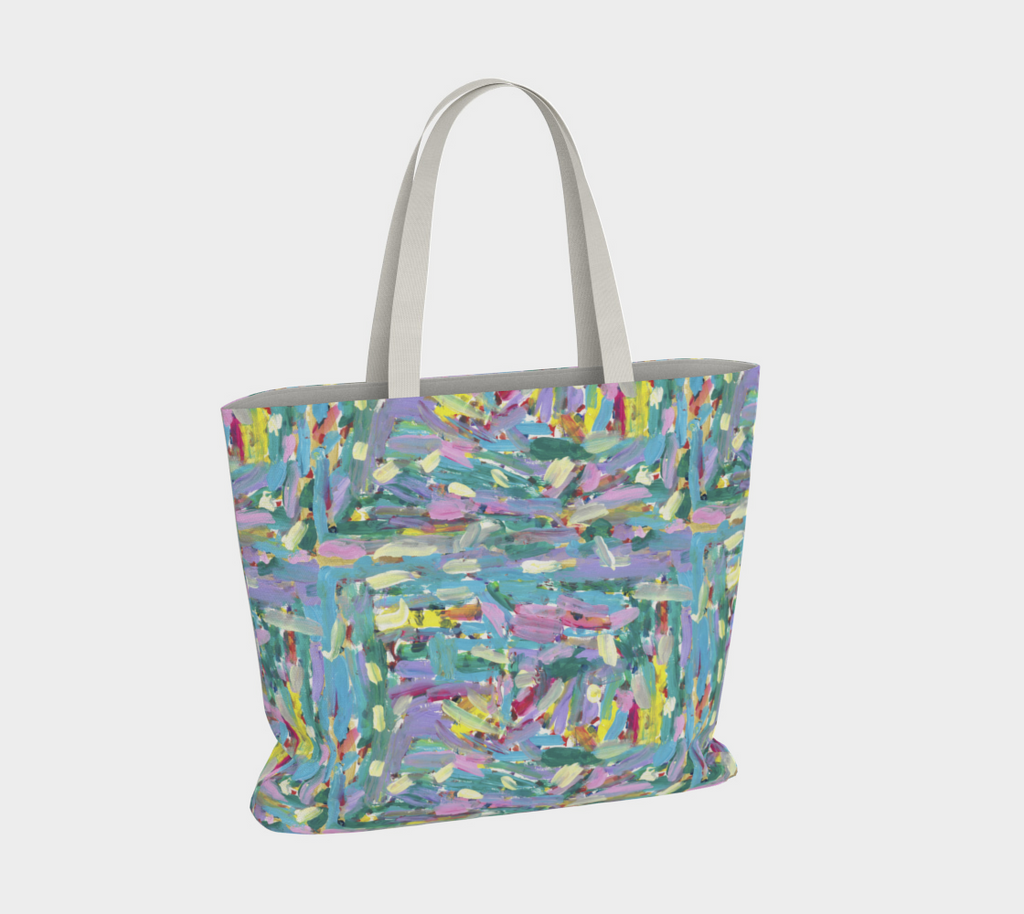 large tote with Artwork depicting pink, turquoise, lavender, green and yellow paint streaks