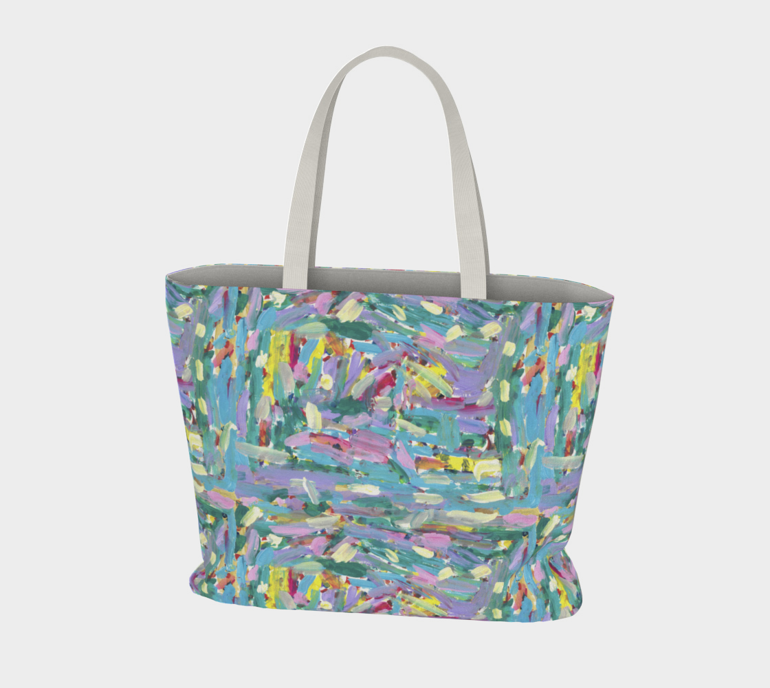 large tote with Artwork depicting pink, turquoise, lavender, green and yellow paint streaks