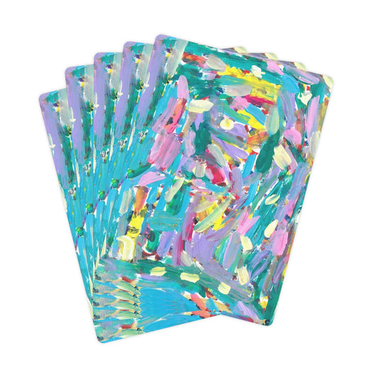 playing cards with Horizontal and vertical streaks cover the canvas in tones of turquoise, deep green, yellow, lavender, and pink.