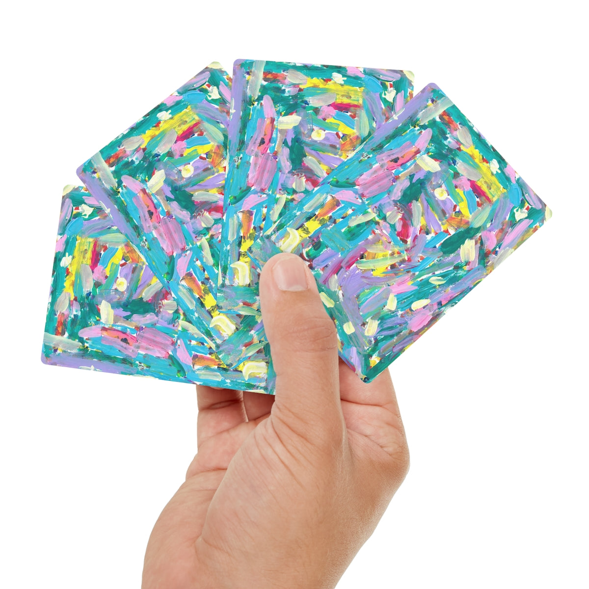 playing cards with Horizontal and vertical streaks cover the canvas in tones of turquoise, deep green, yellow, lavender, and pink.