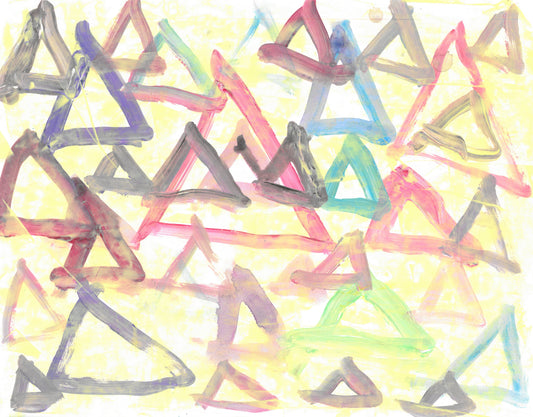 Painting of overlapping outlined triangles of various size and color. All of the triangles are facing upward. The triangles are painted in the following colors: red, purple, blue, and teal. There is a light wash of faint yellow over the whole painting.