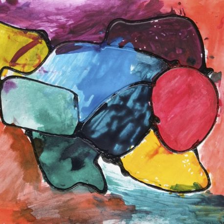 Acrylic and ink on paper abstract artwork with purple, yellow, blue, green, red, yellow and orange shapes outlined in black