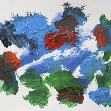 Acrylic on paper artwork with dark blue, light blue, green and red paint dabs