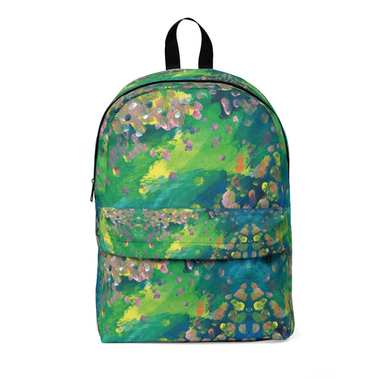 backpack with patterned green with yellow and pink dots