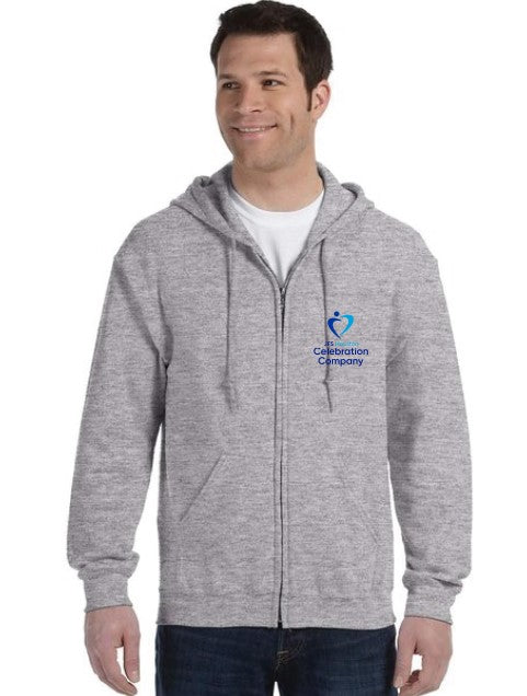 Grey, fullzip lightweight hoodie jacket with Celebration Company Logo on left Chest. & pockets