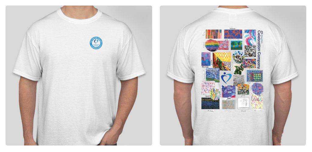 split screen of a white t-shirt- one is front of shirt with  a round blue logo over the upper left side; other screen is back of shirt with a grid of pictures featuring parts of art pieces with the artist's signatures next to them