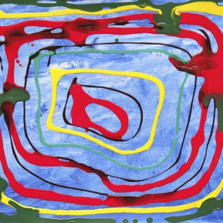 Acrylic on paper artwork with light blue background beneath green, yellow and red rectangles decreasing in size from outside in