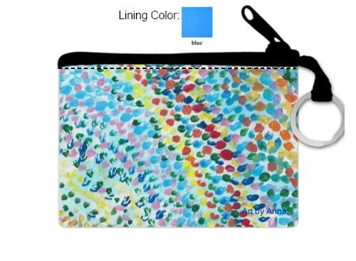 This is a coinpurse depicting the art work with a black zipper and silver ring. The lining color is blue