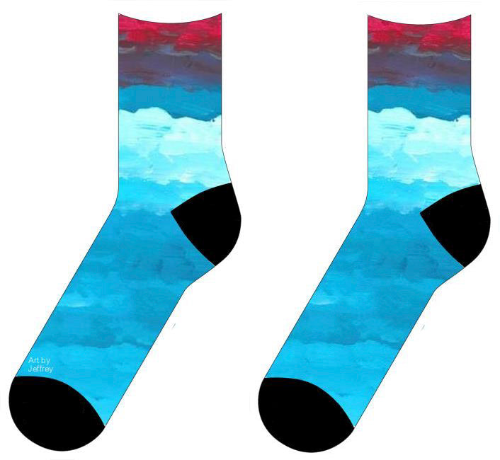 socks with a red band at the top and follow are gradients of blue