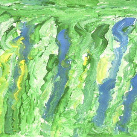 Acrylic on paper artwork with long green paint strokes with a few yellow and blue paint strokes throughout