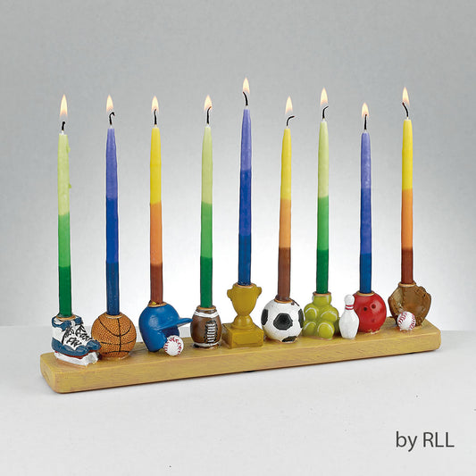 Wooden sports menorah with a different sport reflected as each candle holder