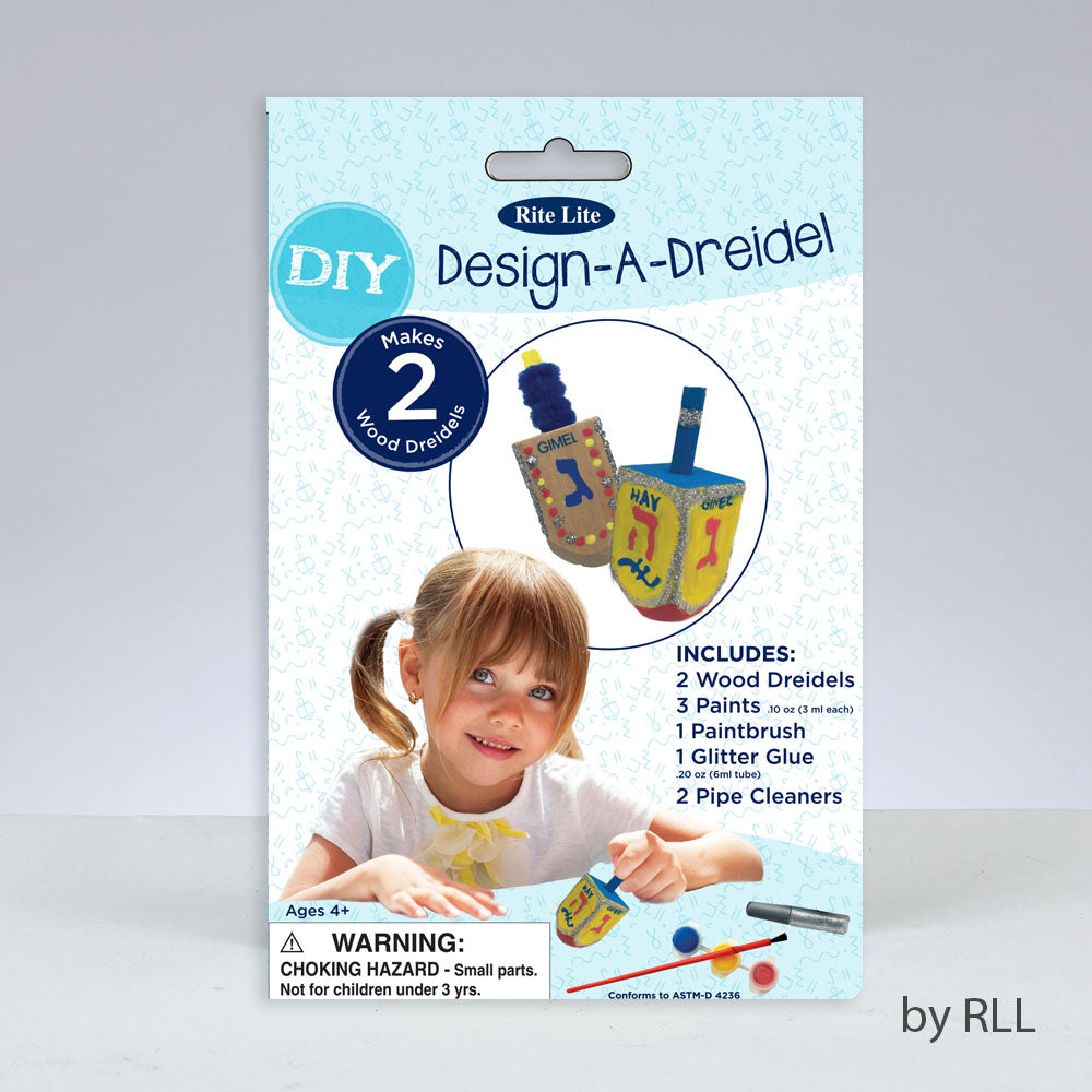 Design a Dreidel craft kit including dreidels, paint, paintbrush, glitter glue and pipe cleaners