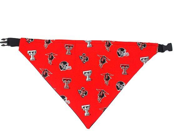 Photo of triangular dog bandana with black plastic closure.  Background of fabric is red with the Tech logo in white and black and another in red on top, a football helmet with logo in black.